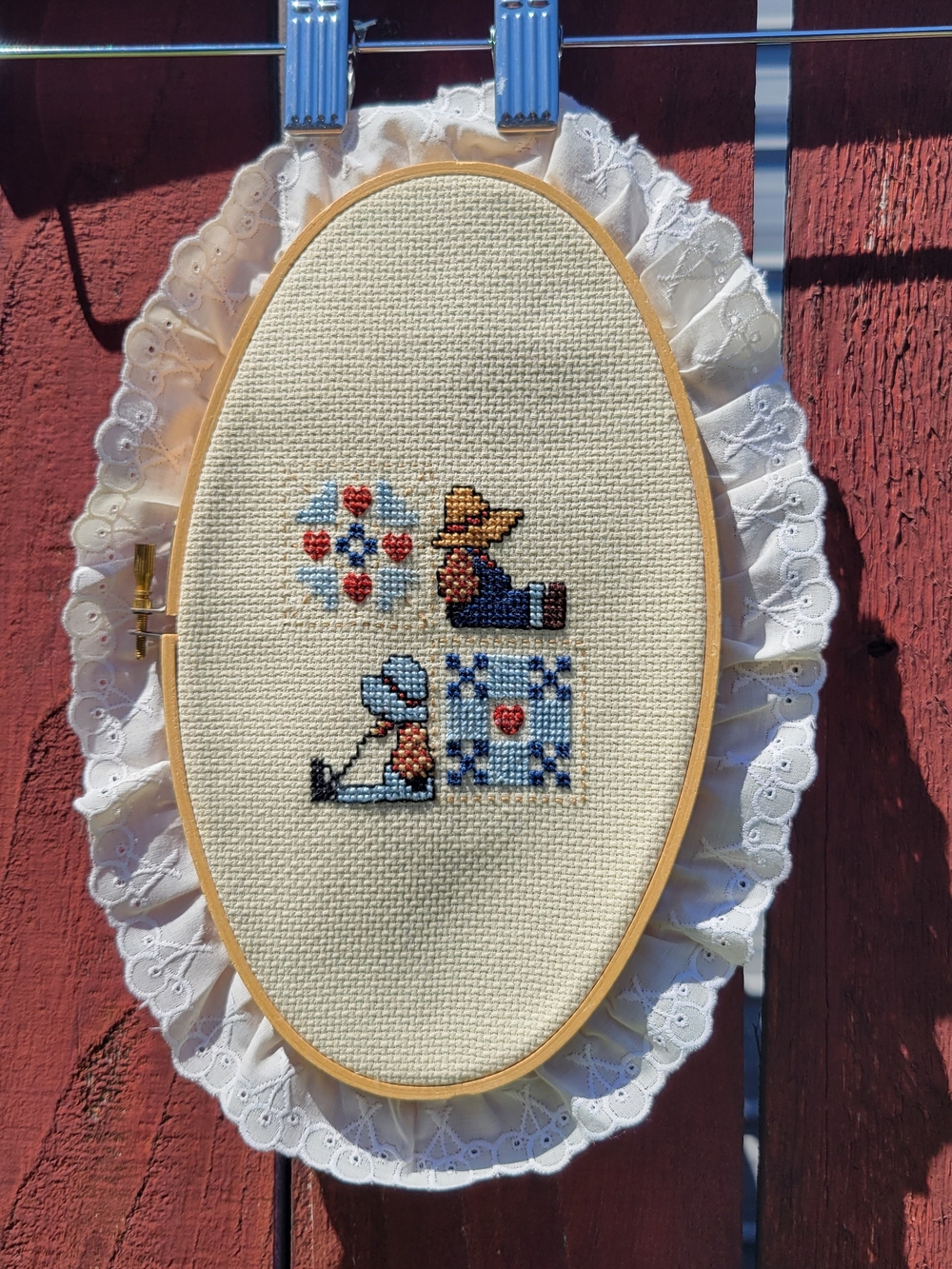 VTG Handmade Finished Cross Stitch Oval Hoop w/ Lace Sunbonnet Sue Cottagecore